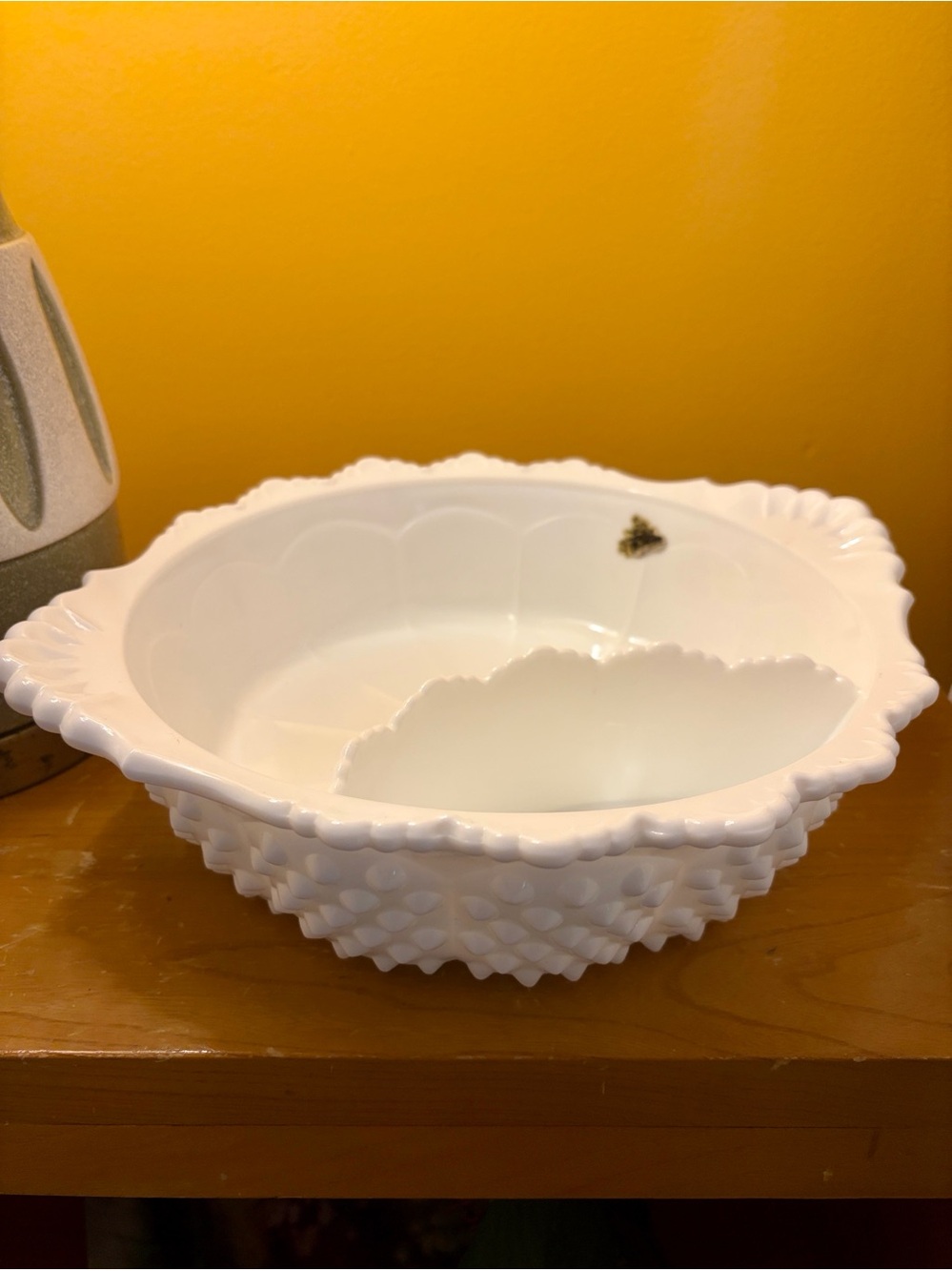 Fenton Milk Glass Hobnail Chip and Dip Bowl with Original Label